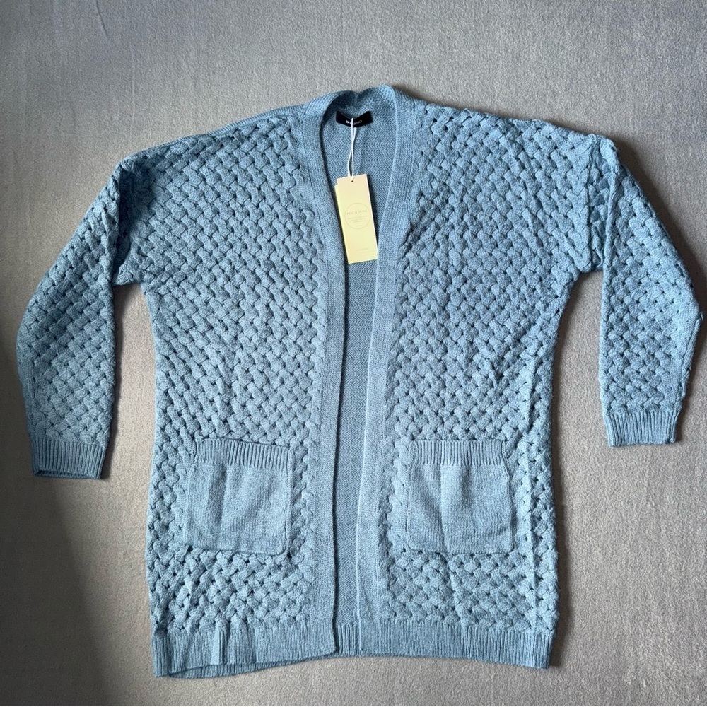 Dokotoo Blue Knit Women's Open front long sleeve knit Cardigan pockets Large NWT